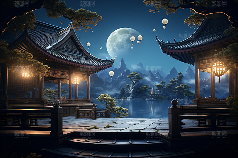 中秋中国风中式建筑场景
