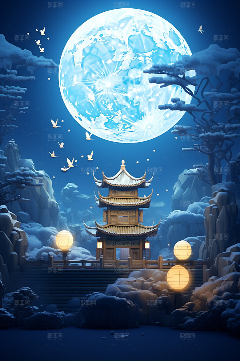 中秋中式建筑中国风场景