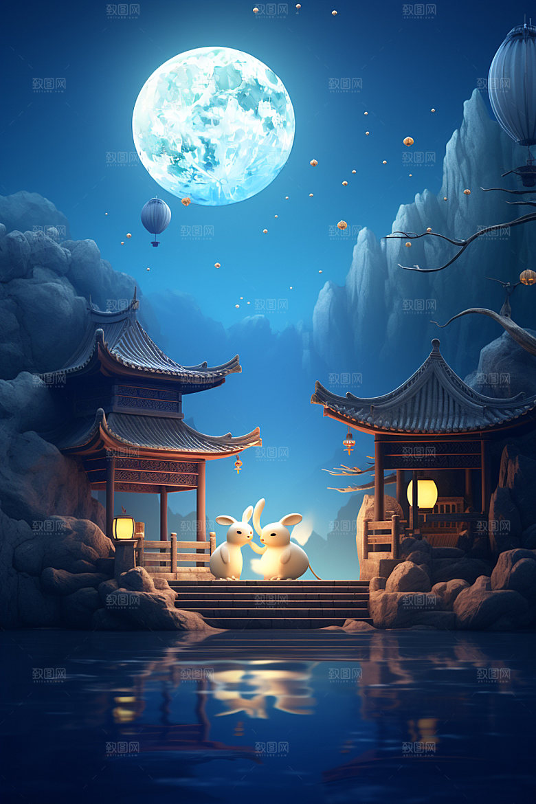 中秋中式建筑中国风场景