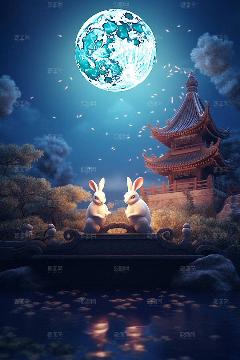 中秋唯美亭台楼阁场景