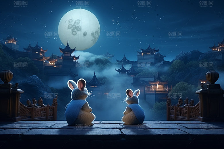 中秋亭台楼阁中式建筑场景