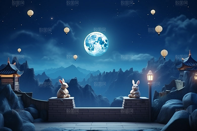中秋亭台楼阁灯笼场景