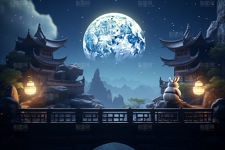 中秋玉兔中国风场景