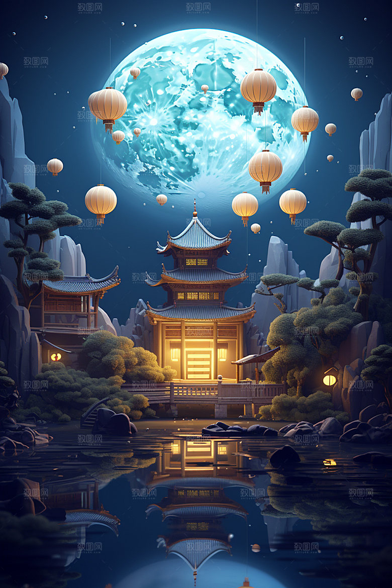 中秋亭台楼阁街市场景