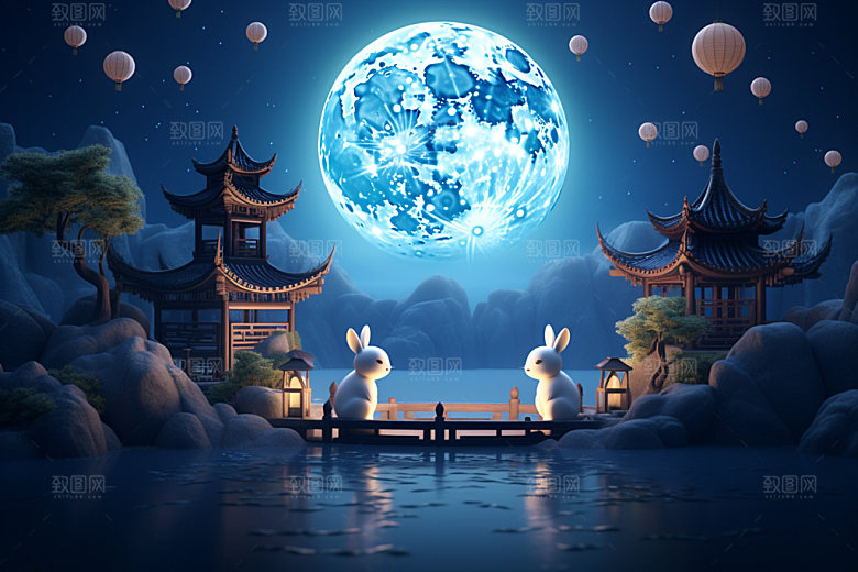 中秋亭台楼阁灯笼场景