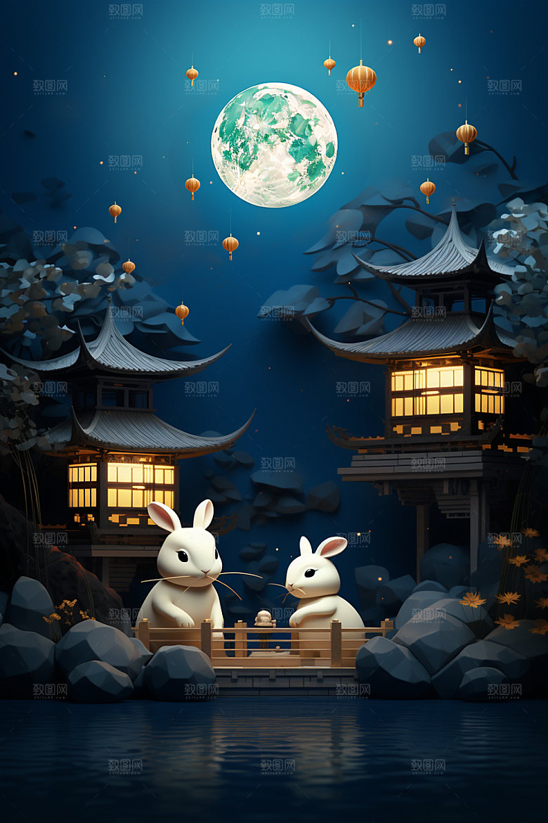 中秋中国风亭台楼阁场景