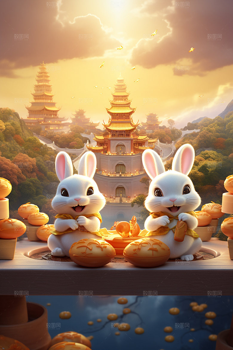中秋亭台楼阁玉兔场景