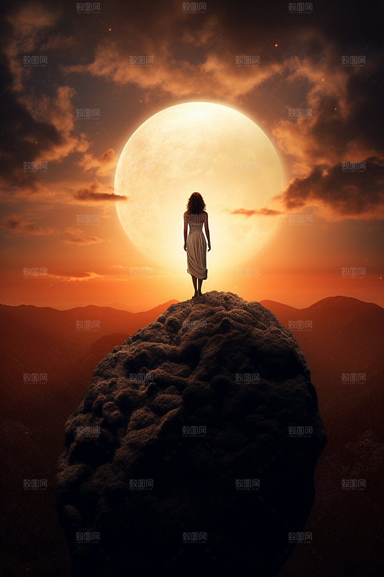 中秋人物剪影逆光思乡素材