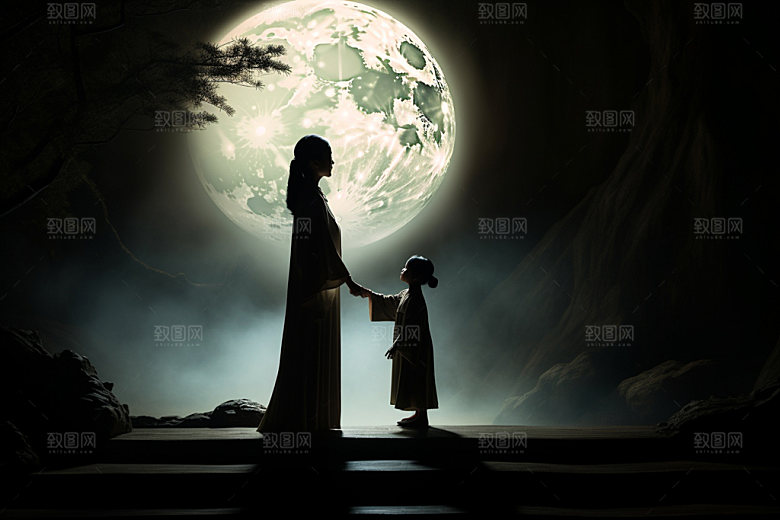 中秋人物剪影思乡逆光素材