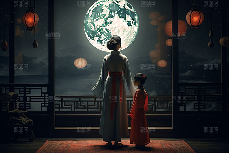 中秋人物剪影中国风思乡素材