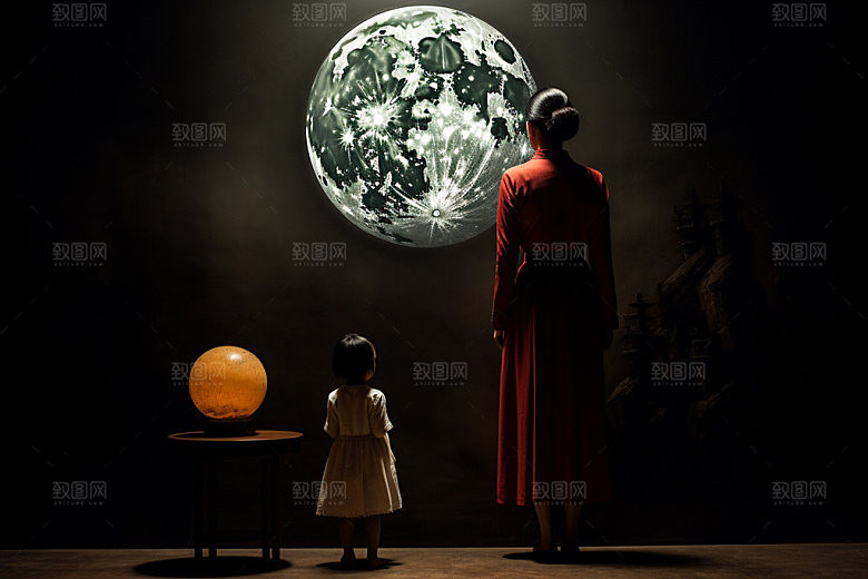 中秋人物剪影艺术月亮剪影素材