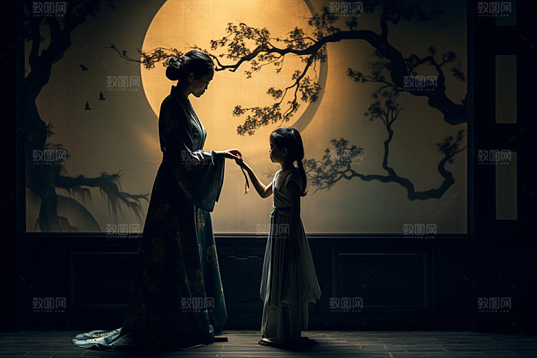 中秋人物剪影中国风灯光素材