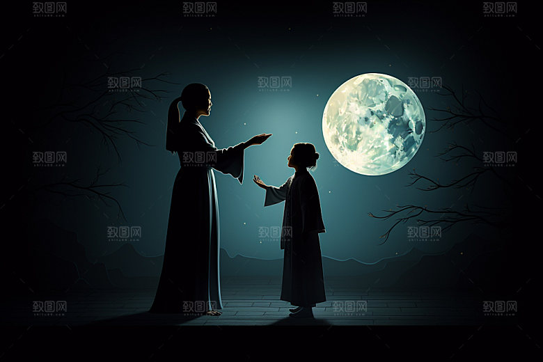 中秋人物剪影灯光月亮剪影素材