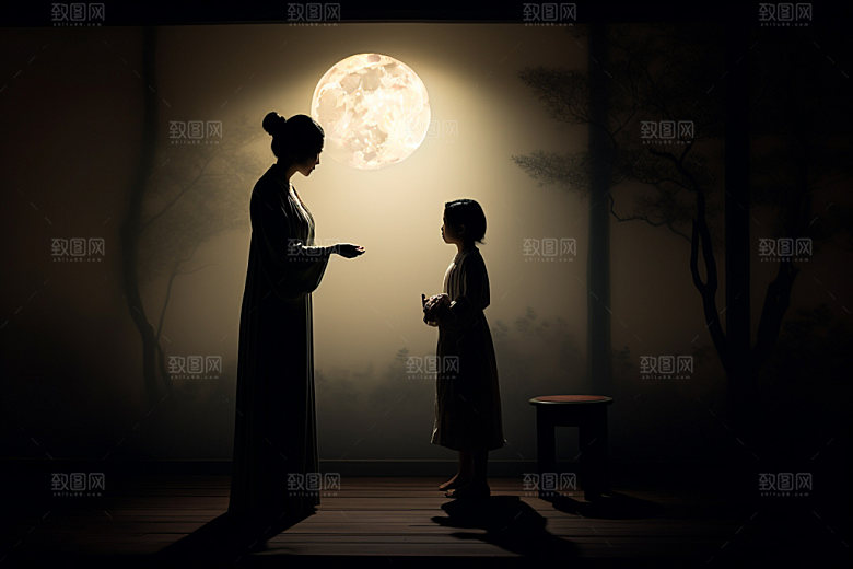 中秋人物剪影思乡灯光素材