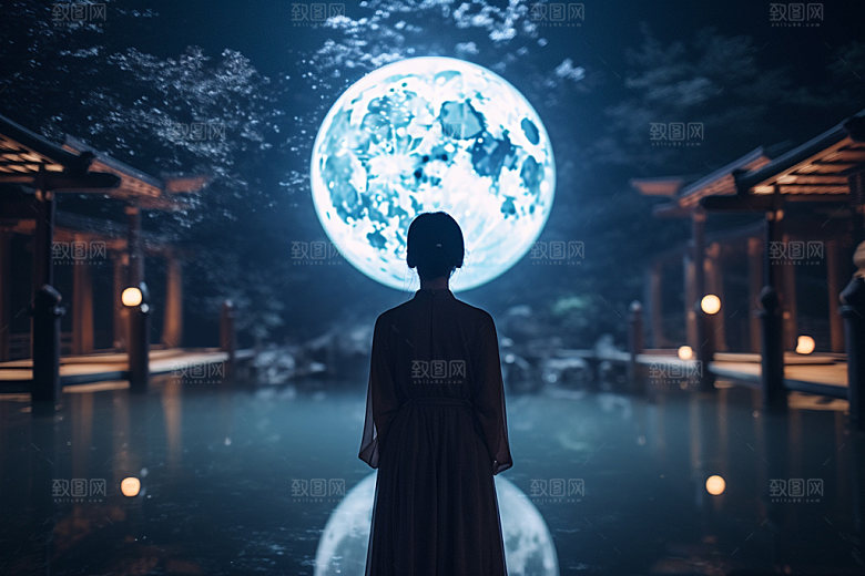 中秋人物剪影唯美思乡素材