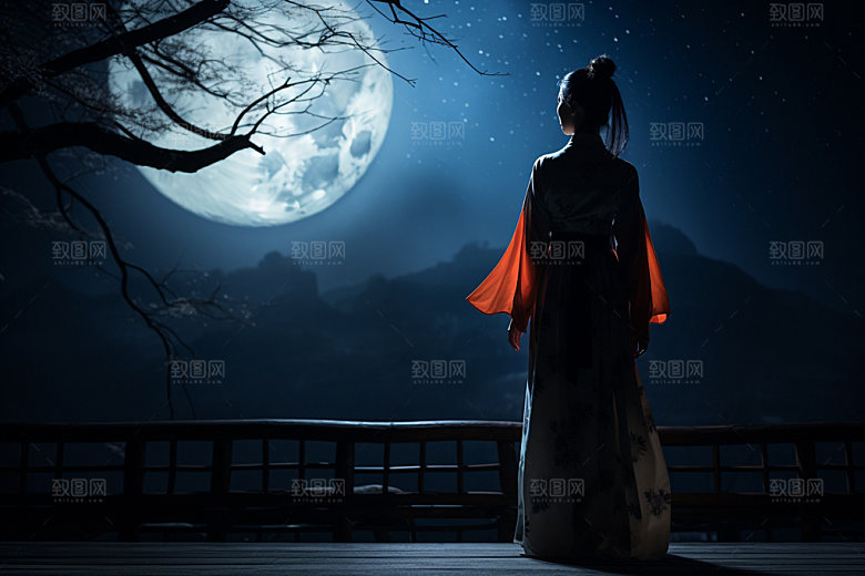 中秋人物剪影思乡艺术素材
