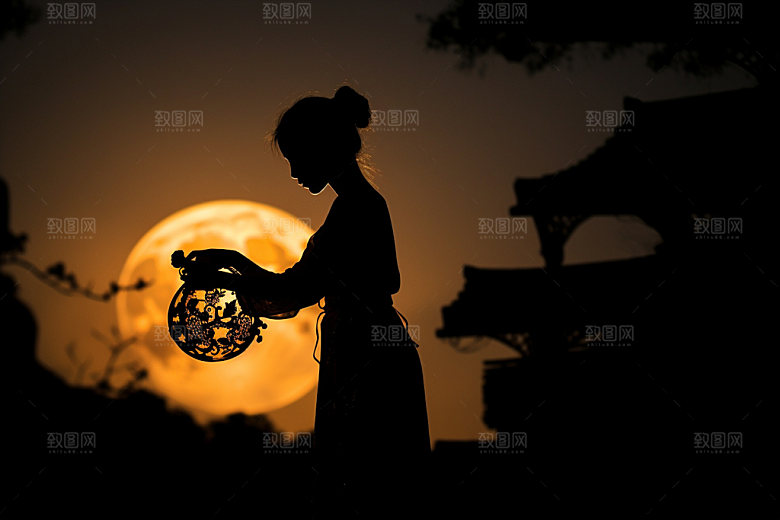 中秋人物剪影月亮剪影团圆素材
