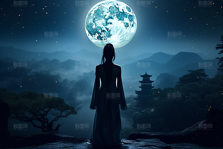 中秋人物剪影团圆艺术素材