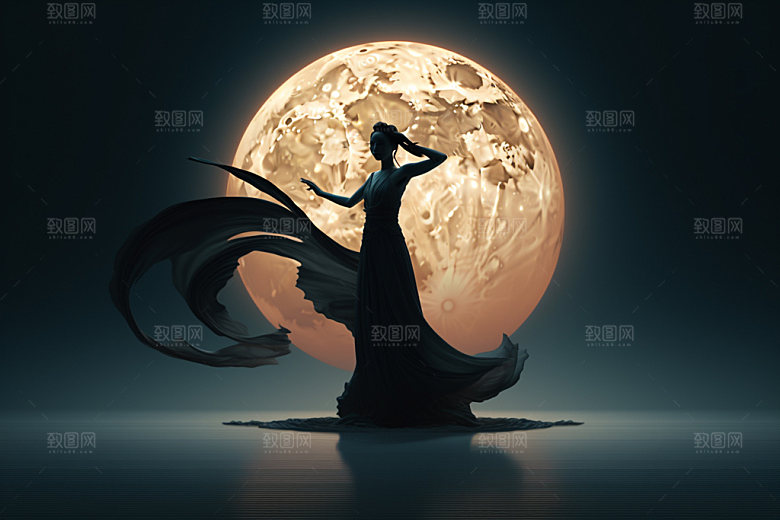 中秋人物剪影月亮剪影唯美素材