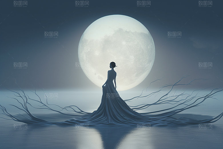 中秋人物剪影灯光月亮剪影素材