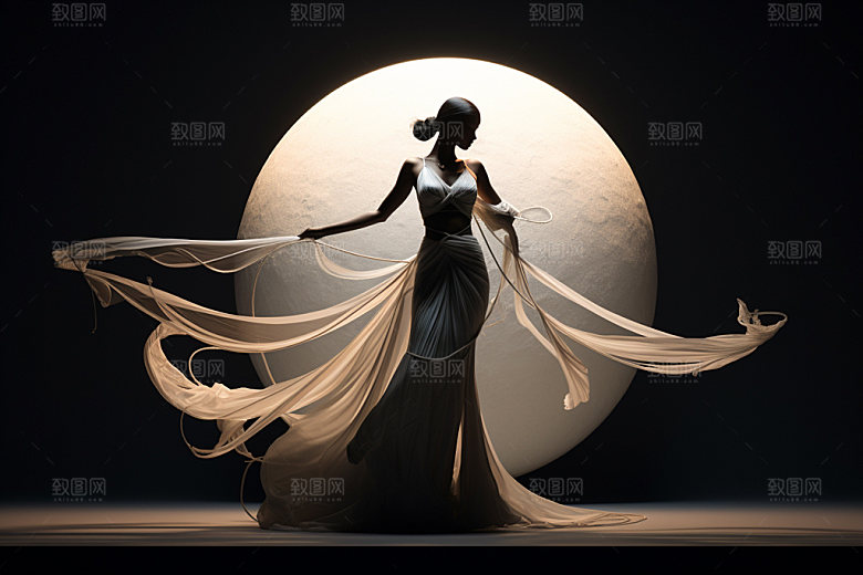 中秋人物剪影月亮剪影逆光素材