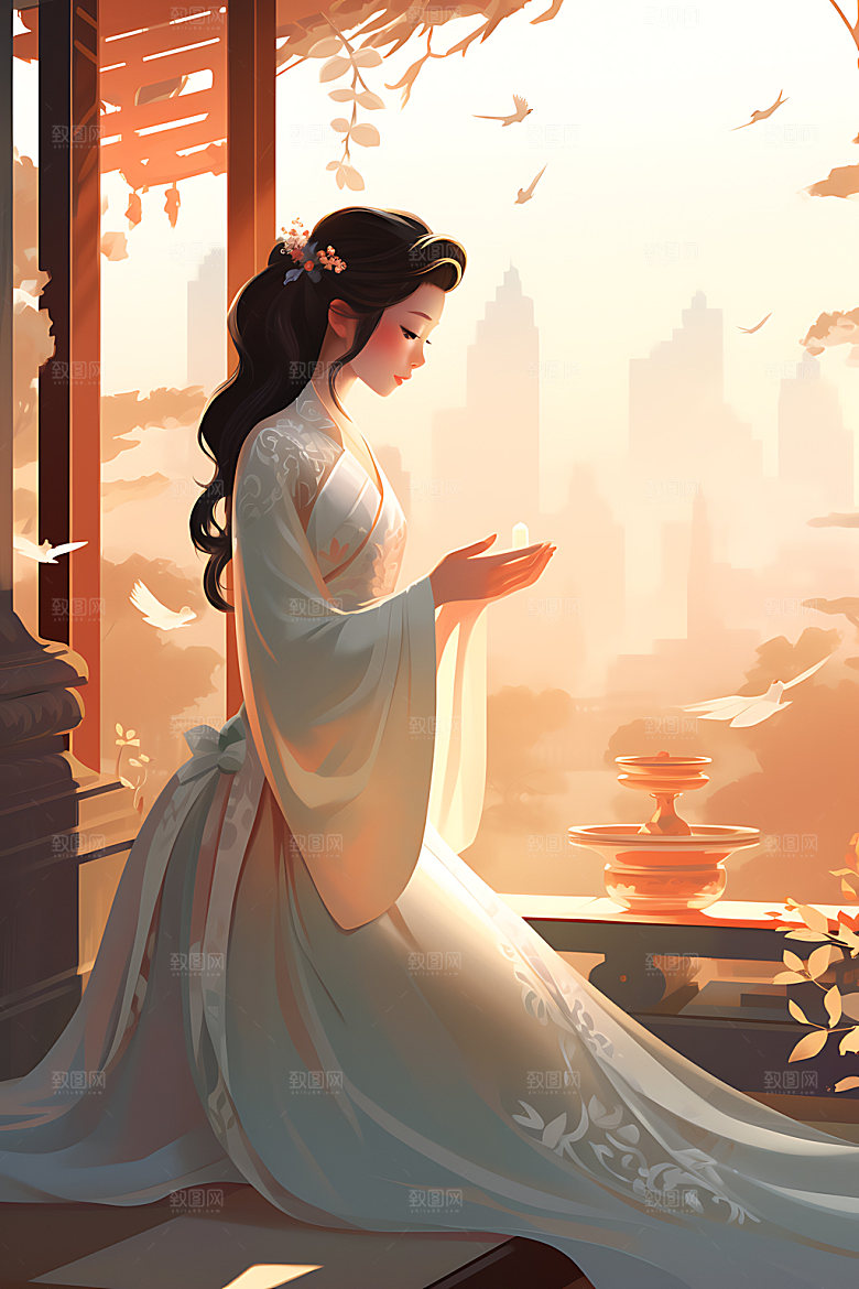 汉服美女中式美女古风插画