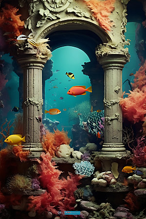 海底遗迹海底世界水族箱装饰画