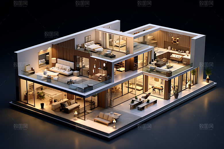 装修视图空间室内模型剖面图