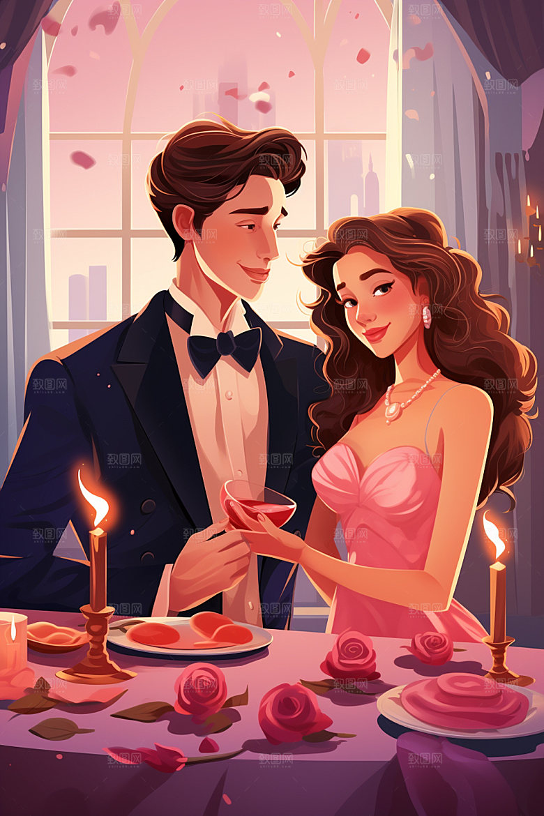 烛光晚餐情人节约会人物插画