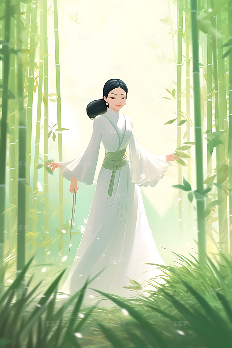 竹林汉服古风中国风插画
