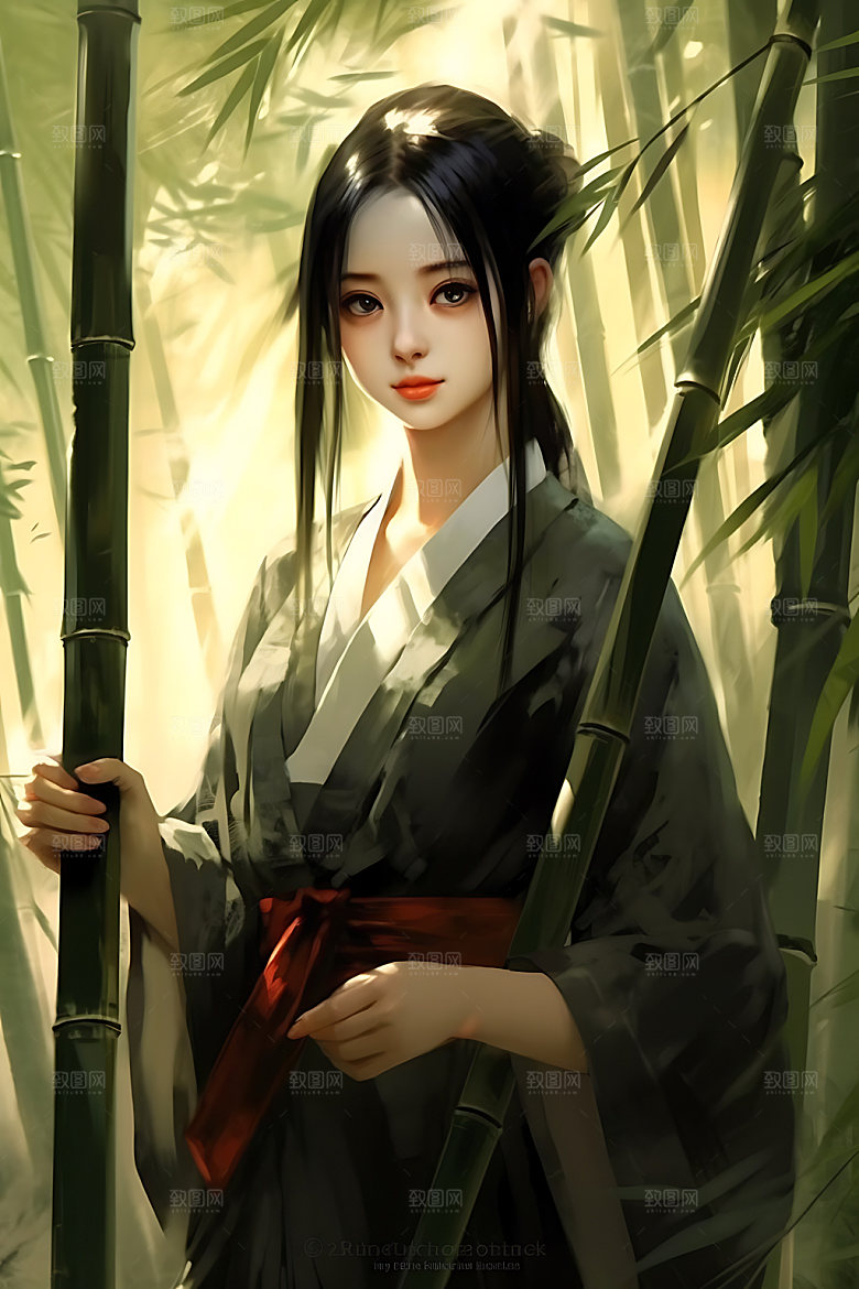 竹林汉服人物古风插画