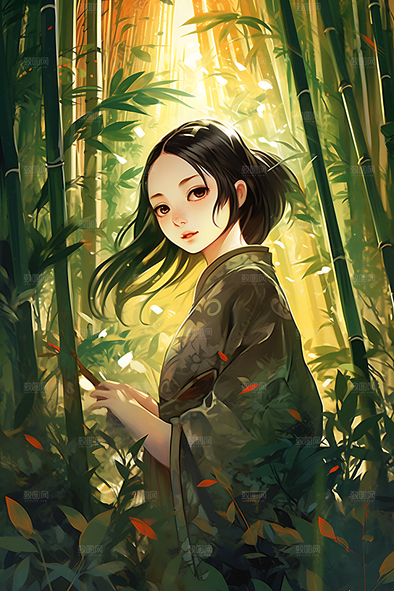 竹林汉服人物艺术插画