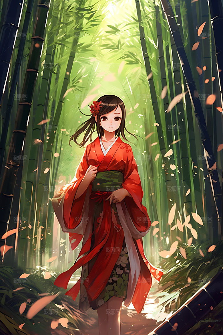竹林汉服唯美古风插画