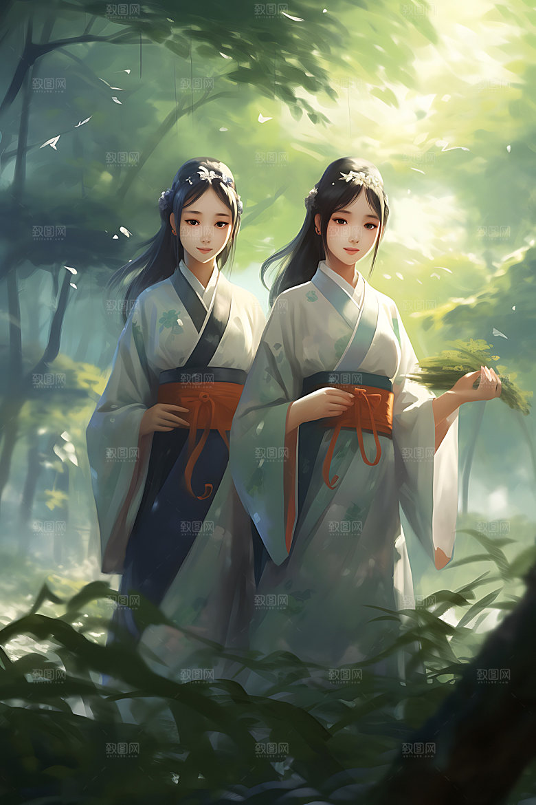 竹林汉服中国风艺术插画
