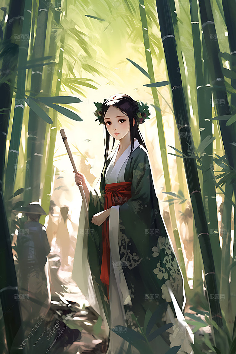 竹林汉服人物艺术插画