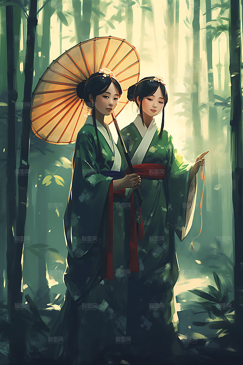 竹林汉服人物艺术插画