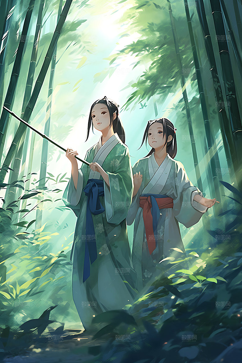 竹林汉服艺术人物插画