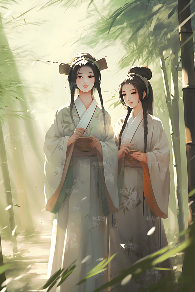 竹林汉服艺术中国风插画