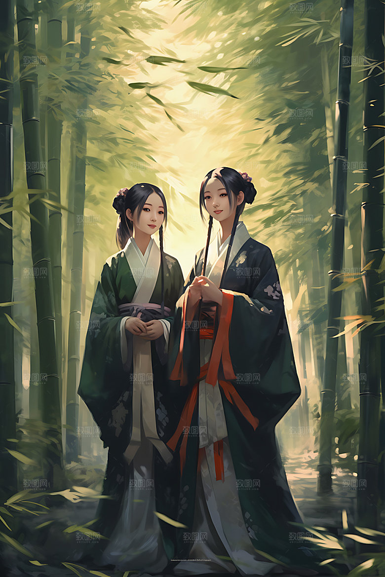 竹林汉服艺术古风插画