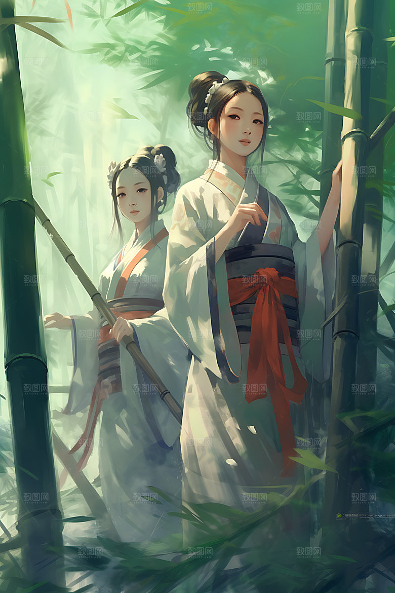 竹林汉服中国风唯美插画