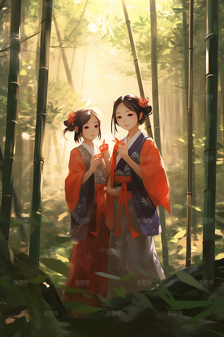 竹林汉服古风唯美插画
