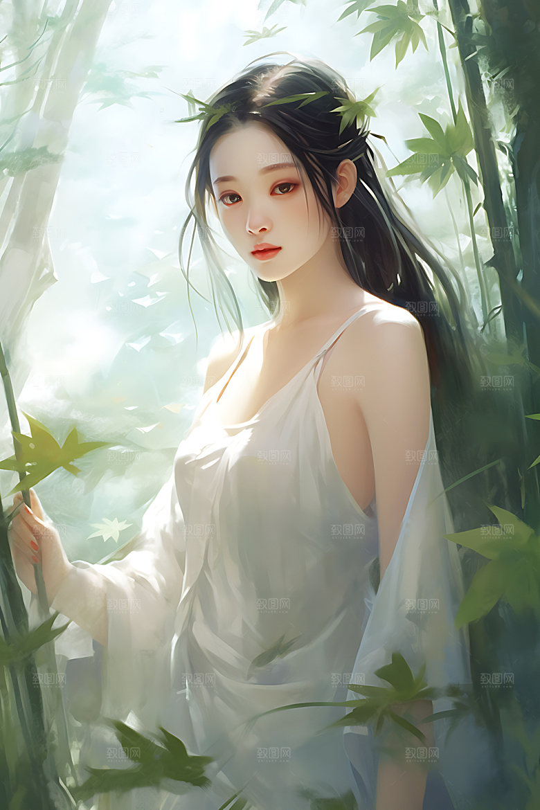 竹林汉服艺术唯美插画