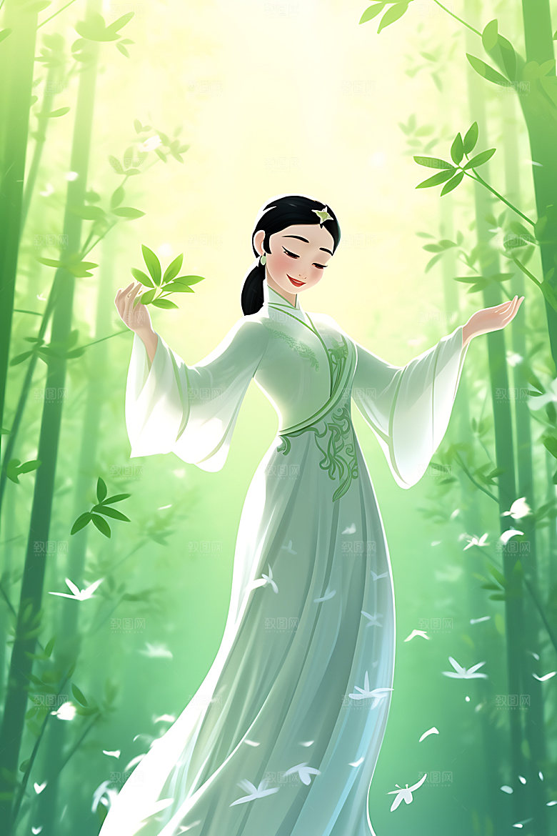 竹林汉服艺术唯美插画