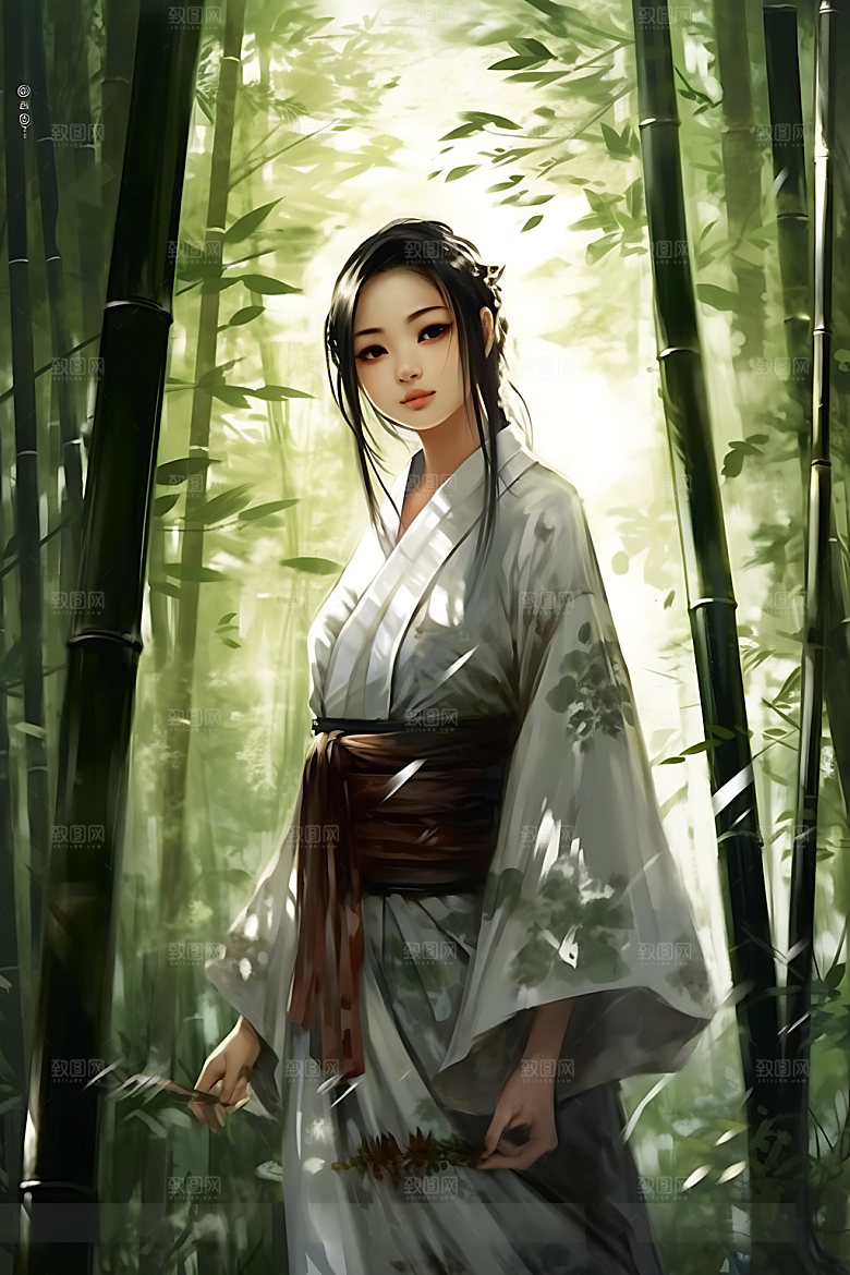 竹林汉服人物古风插画