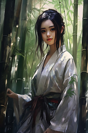 竹林汉服唯美人物插画