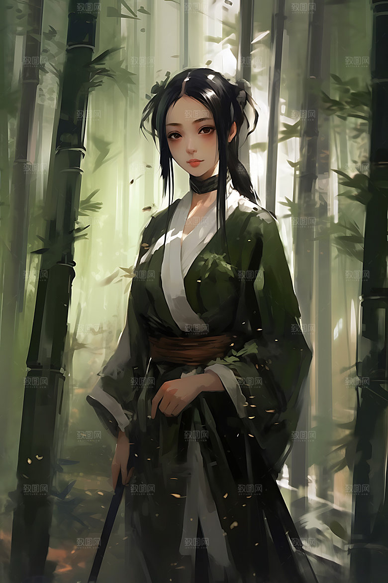 竹林汉服中国风人物插画