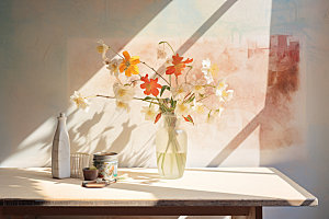 桌上鲜花花瓶布置摄影图