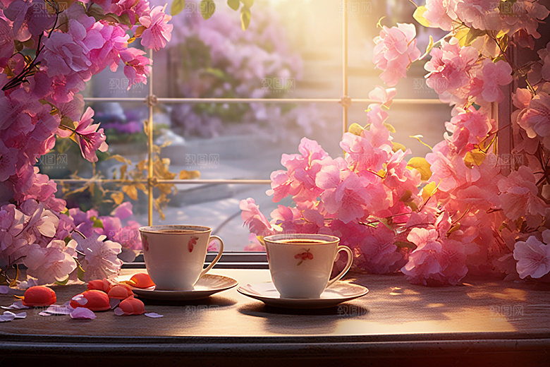 桌上鲜花布置花艺摄影图