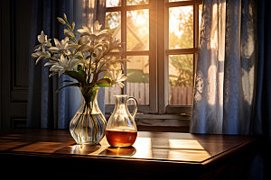 桌上鲜花插花花瓶摄影图