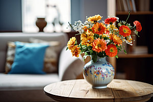 桌上鲜花布置花艺摄影图